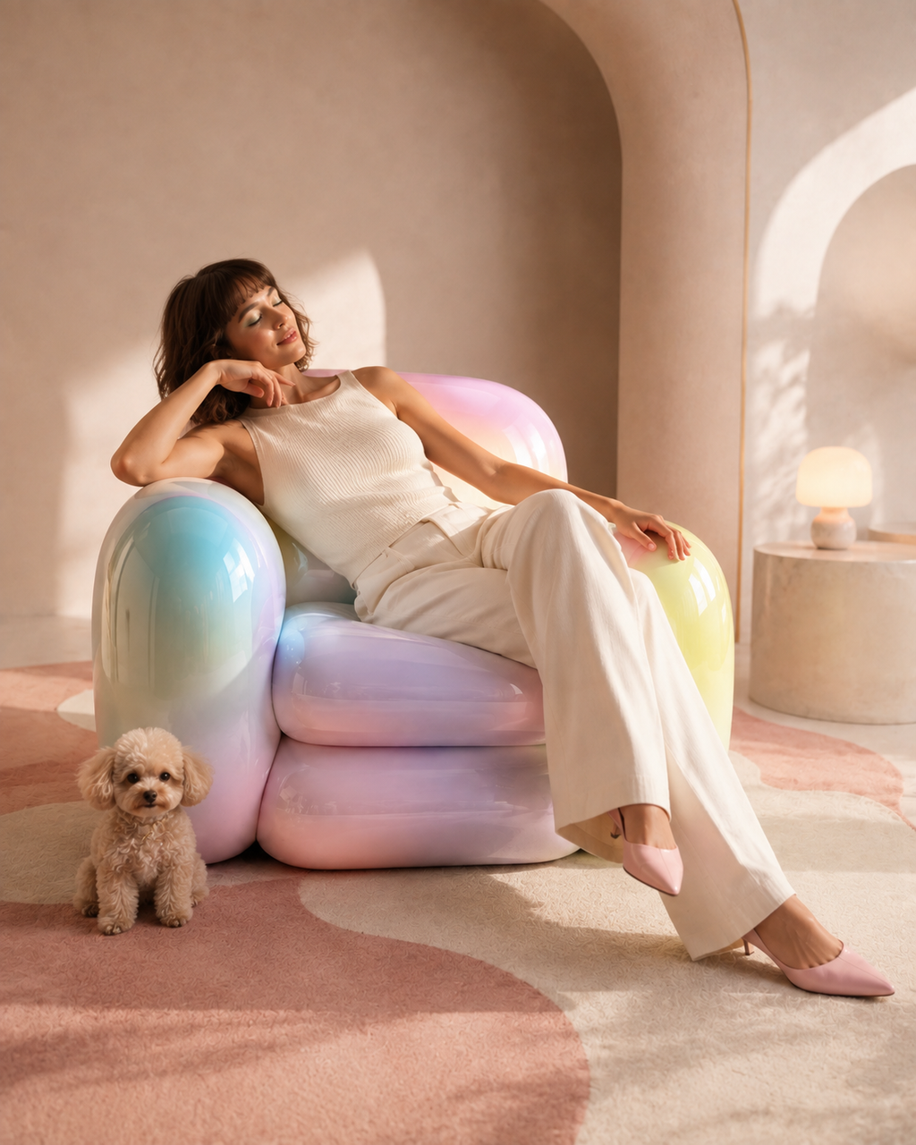 Bally armchair — woman reclining dog pink room